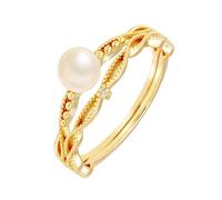 Stfery Anello Oro Giallo 14K 2 Pezzi, Anello Fedina Donna Onda Infinito Bordo Perlato con Perla Diamant Vintage Taglia 12