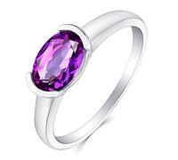 Stfery Anello solitario in oro bianco 18 carati Au750, anello di fidanzamento con ametista viola taglio ovale, anello in vero oro da donna, 47 (15.0), Metallo, Ametista