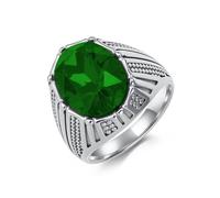Stfery Anello Uomo Sigillo Ovale Acciaio Inossidabile, Anello Argento Scanalato con Pietra Verde Grande 20MM Moda Taglia 22