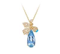 Stfery Collana con acquamarina in oro 9K/14K/18K, elegante ciondolo a forma di fiocco con acquamarina naturale a goccia 2,5 ct e pavé di diamanti, collana in oro giallo per lei, 40+5cm, Metallo