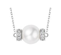 Stfery Collana con ciondolo di perle in oro bianco 14 carati, elegante collana con perle da 7,5 - 8 mm, con diamante 0,18 ct, in oro da donna Au585