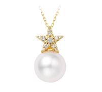 Stfery Collana con ciondolo di perle in oro giallo 9 carati, elegante collana a stella con perla da 7,5 - 8 mm e diamante 0,04 ct, collana in oro da donna Au375, gioiello autentico personalizzato