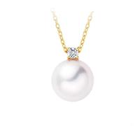 Stfery Collana con perle in oro giallo 9 K/14 K/18 K, elegante collana con perle d'acqua salata da 9,5-10 mm e diamante solitario da donna, in vero oro, 40+5cm, Metallo, Perla