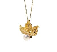 Stfery Collana da donna in oro 9 K/14 K/18 K, elegante ciondolo a forma di foglia con perla d'acqua salata da 8-8,5 mm, collana in oro giallo, 40+5cm, Metallo, Nessuna pietra preziosa