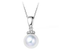 Stfery Collana di perle in oro 9 K/14 K/18 K per donne, elegante collana con ciondolo di perle d'acqua salata da 7,5-8 mm e pavè di diamanti in oro bianco, 40+5cm, Metallo, Perla