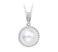 Stfery Collana di perle in oro bianco 9 K/14 K/18 K, elegante ciondolo con perle di acqua salata da 7,5-8 mm con diamanti naturali 0,08 ct, collana in vero oro per lei, 40+5cm, Metallo, Diamante