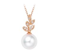 Stfery Collana di perle in oro rosa 9 K/14 K/18 K, elegante ciondolo a forma di foglia di perla di acqua salata da 7,5-8 mm con diamanti naturali 0,03 ct, collana in vero oro da donna, 40+5cm, Metallo