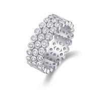 Stfery Fede nuziale in oro bianco 18 carati, da donna, con lunetta rotonda in moissanite, anello a tre file personalizzato, 5, Metallo, Moissanite