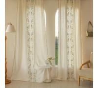 Stfery Ganci per tende beige blu semitrasparenti per camera da letto, set da 2 tende vintage ricamate floreali con nappa, per soggiorno, cameretta dei bambini, 140 x 160 cm x 1 pezzo