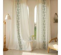 Stfery Ganci per tende beige verde semitrasparenti per camera da letto, set da 2 tende vintage ricamate floreali con nappa, per cameretta dei bambini, soggiorno, larghezza 140 x altezza 45 cm x 1