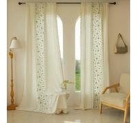 Stfery Gancio per tenda beige verde semitrasparente per camera dei ragazzi, tenda vintage ricamata floreale con nappa, tenda decorativa, soggiorno, camera da letto, 2 pezzi, larghezza 140 x altezza 60