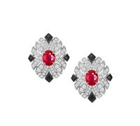Stfery Orecchini a bottone in oro bianco 9K/14K/18K, rubino sangue di piccione da 1,35 ct e diamanti pavé di diamanti da donna, Unique, Metallo, Diamante Rubino sangue piccione Diamante