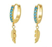 Stfery Orecchini a cerchio in oro 9/14/18 carati, da donna, in vero oro, con pendente a forma di piuma, con pavé di turchese, Unique, Metallo, Turchese