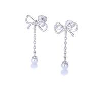 Stfery Orecchini pendenti da donna con perle in oro 9/14/18 kt, con fiocco e diamanti, Unique, Metallo, Perla Diamante