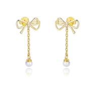 Stfery Orecchini pendenti da donna con perle in oro 9/14/18 kt, con fiocco e diamanti, Unique, Metallo, Perla Diamante