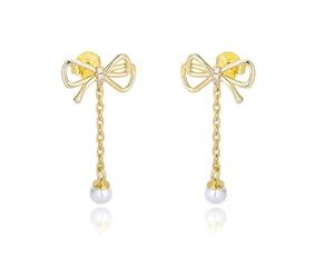 Stfery Orecchini pendenti da donna con perle in oro 9/14/18 kt, con fiocco e diamanti, Unique, Metallo, Perla Diamante