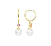 Stfery Orecchini pendenti in oro 9 K/14 K/18 K, da donna, con perle da 7,5-8 mm, orecchini a cerchio con zaffiro rosa 0,2 ct in oro giallo, Unique, Metallo, Perla Perla Zaffiro Rosa 0.2