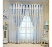 Stfery Set di 2 tende oscuranti blu con occhielli, per cameretta dei bambini, in tessuto classico, doppio strato di garza, con ricamo, per soggiorno, camera da letto, larghezza 150 x altezza 270 cm, 1