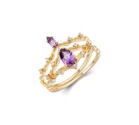 Stfery Set di Anelli Fidanzamento Oro 18 Kt 2 Pezzi, Anello Impilabile Donna Ramoscello d'Olivo con Ametista Vintage Taglia 12