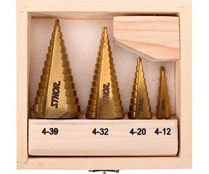 Sthor Punta a gradino HSS titanio per metallo, legno, plastica, dimensioni a scelta 4-12/4-20/4-32/4-39 mm o kit centraggio automatico conico (4-12 mm, 4-20 mm, 4-32 mm, 4-39 mm)