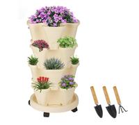 Sthrucrack Fioriera impilabile, giardino verticale a torre, set di fioriere verticali utilizzate per fragole, erbe aromatiche e fiori (Beige, 4 livelli)