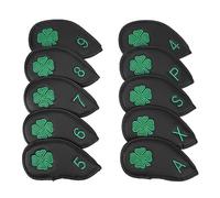Stick Head Covers 10 PCS Set | PU Leather Weather - Proof Protection for Irons/Woods/Hybrids | Four Leaf Clover Design, Universal Fit Most Sticks (Black)