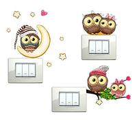STICKER DESIGN Adesivi per Interruttore con Gufi e Gufetti Porta Fortuna, 3 Pezzi di Adesivi Interruttori Luce per Bambini, Stickers con Adesivo Gufo Portafortuna e Stelline, Adesivi Luci Resistenti