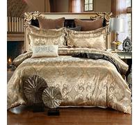 Sticker Superb Set Biancheria da Letto con Motivo Ricamato 3 Pezzi Floreale in Raso Liscio Copripiumino in Microfibra Copripiumino Jacquard con Federa (Oro,200 x 230 cm)