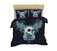 Sticker Superb Set di Biancheria da Letto Singolo Matrimoniale de 3 Pezzi, Gotico Teschio Copripiumino per Bambino Uomo Donna Rosa Skull Fiamma Poliestere Lenzuolo Federa (Blu,2Pcs 135x200 cm)