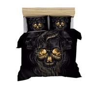 Sticker Superb Set di Biancheria da Letto Singolo Matrimoniale de 3 Pezzi, Gotico Teschio Copripiumino per Bambino Uomo Donna Rosa Skull Fiamma Poliestere Lenzuolo Federa (Nero,220x260 cm)