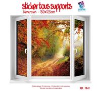 STICKER TROMPE L'OEIL FINESTRA: STRADA FORESTA AUTUNNO LEGNO - 5 TAGLIE - FR-01
