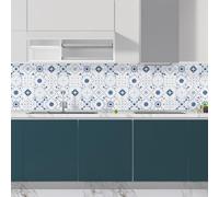StickerLab - Paraschizzi Cucina Adesivo da Parete con Spatola in Omaggio. Prodotto Made in Italy, Ignifugo, Resistente all'Acqua di facile pulizia (180x60, Cementine Azzurre)