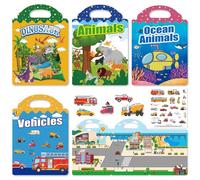 Stickers Bambini Attacca Stacca, Confezione da 4 Libri Adesivi Riutilizzabili, Riutilizzabile Stickers Dinosauro, Veicolo, Oceano, Animali Selvatici Adesivi Bambini, Regali di Compleanno
