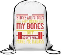 Sticks and stones may break my bones but squats will make me badass Gym Sack Casual Drawstring Bag Bianco
