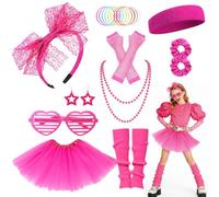 Stiedey Set di accessori per costume da donna anni '80, gonna tutù rosa, fascia per capelli, guanti a rete, scaldamuscoli, orecchini, collane, bracciali, occhiali, per feste retrò anni '80