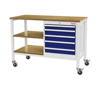STIER Banco da lavoro mobile a cassetti con 5 cassetti e 2 ripiani in legno largh.xprof.xalt. 1300x600x960 mm RAL 7035 / RAL 5010 Quantità:1