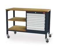 STIER Banco da lavoro mobile a cassetti con 5 cassetti e 2 ripiani in legno lungh.xprof.xalt. 1300x600x960 mm RAL 7016 / RAL 7035 Quantità:1