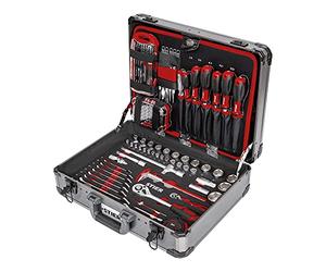 STIER Valigetta portautensili completa, cassetta degli attrezzi in alluminio da 144 pezzi, strumenti universali per le riparazioni quotidiane, inclusi cacciaviti, forbici, pinze e seghe