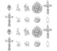 Stiesy 100 ciondoli vintage a forma di croce, in argento anticato, per cristianesimo, Gesù, pesce, bibbia, per la creazione di gioielli fai da te e braccialetti fai da te, 10 stili