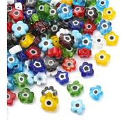 Stiesy - 128 perline a forma di fiore, perline Millefiori in vetro lavorato a lume, perline con occhio del male, motivo prugna in fiore, spaziatori per la creazione di gioielli fai da te, per collane