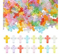 Stiesy 250 perline a forma di crocifisso, colore casuale, in acrilico, trasparenti, distanziatori a croce per la creazione di gioielli fai da te