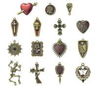 Stiesy 30 ciondoli gotici per Halloween, in bronzo antico, a forma di teschio, crocifisso, bara, cuore sacro, rosso, ciondoli tibetani, per la creazione di gioielli, collane, bracciali, fai da te
