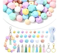Stiesy Perline in silicone per portachiavi con ciondoli a nappa, chiusure a moschettone, perline rotonde esagonali color macaron, 15 mm, 144 pezzi, kit artigianale
