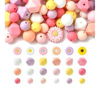 Stiesy Set di 114 perline focali in silicone di forme assortite, a forma di margherita, esagonali, 12 mm, 10 mm, 15 mm, perline sfuse rotonde sfuse per portachiavi, anelli, bracciali, collane,