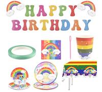 Stiesy Set di decorazioni per feste di buon compleanno con asciugamani di carta, bicchieri di carta, tovaglia e striscione, per donne e uomini