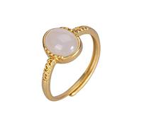 Stile Anello Gioielli S925 Anello in Argento Puro Nefrite Naturale Giada Bianca Intarsiato Placcato Oro Personalità Moda Temperamento Anello Femminile Apertura Regolabile, C-F, Apertura regolabile