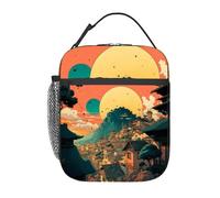 stile anime un villaggio giapponese il sole splende le montagne Borsa pranzo isolata per uomo e donna Grande contenitore per il pranzo termico portatile impermeabile riutilizzabile con tasche p