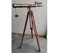 Stile antico Telescopio Doppio Barile Nautico Fatto a Mano Ottone Telescopio Marrone Pelle Marine Regolabile Pavimento in Legno Treppiede Royal Look Telescopio