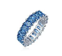 Stile Art Deco AAA CZ Taglio Smeraldo Blu Simulato Zaffiro Cubic Zirconia Eternity Baguette Anello di Anniversario di Matrimonio per Donne in Argento Sterling .925 4MM