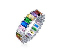 Stile Art Deco AAA CZ Taglio Smeraldo LGBTQ Arcobaleno Colorato Multicolore Cubic Zirconia Eternity Baguette Anello di Anniversario Matrimonio per Donne Oro Rosa .925 Argento Sterling 4MM
